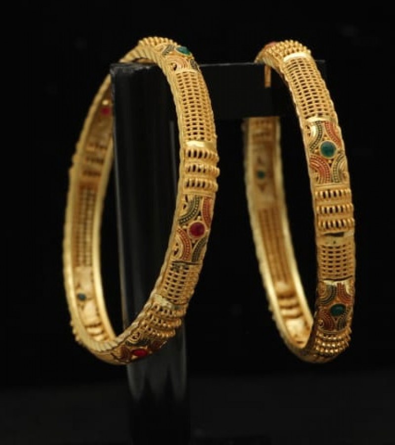 Gold Plated Beautiful 2 PCS Kada Bangle Set with Green Red stones Jewellery - JB-312